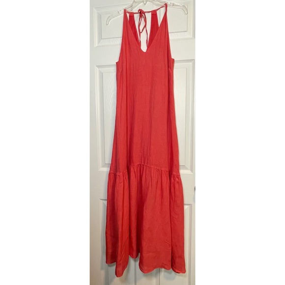 120% Lino Dresses & Skirts - 120% Lino Linen Maxi Dress Small Coral Pink Tiered Halter V-Neck Italy